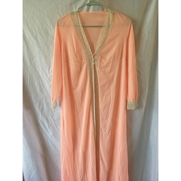 VINTAGE DREAM AWAY Peach LACE TRIM SILKY NYLON GOWN NIGHTGOWN Maxi Robe S - Picture 4 of 7